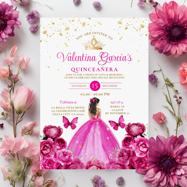 Fuchsia Pink Quinceañera 15 Anos Crown Birthday Invitation (Creator Uploaded)