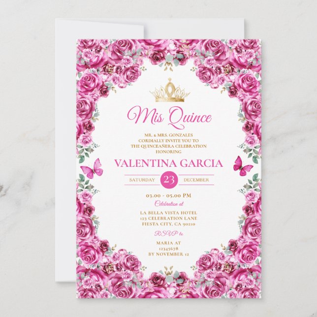 Fuchsia Pink Quinceañera 15 Anos Floral Gold Crown Invitation (Front)