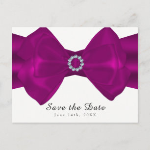 Fuchsia Pink Ribbon & Diamonds Save the Date Announcement Postcard