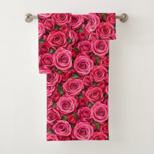 Fuchsia Pink Roses Botanical Floral Design Bath Towel Set