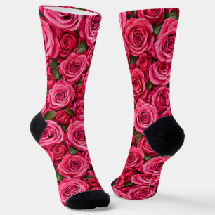 Fuchsia Pink Roses Botanical Floral Design Socks