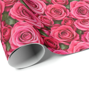 Fuchsia Pink Roses Botanical Floral Design Wrapping Paper