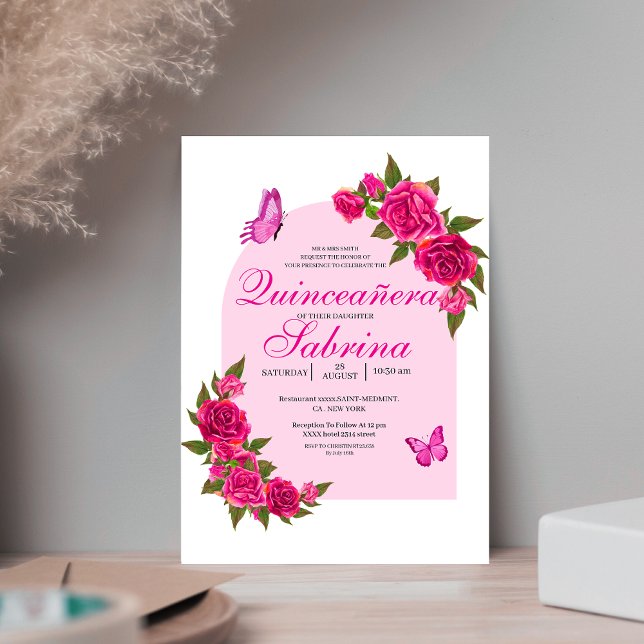 Fuchsia Pink Roses & Butterfly arch Quinceañera Invitation (Creator Uploaded)