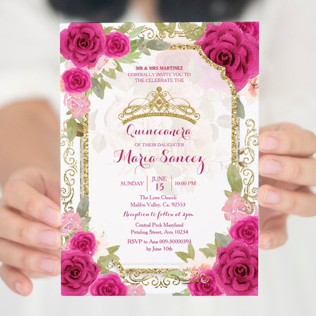 Fuchsia Pink Roses Charra Mis Quince Invitation (Creator Uploaded)