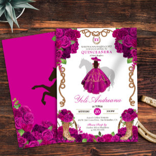 Fuchsia Pink Roses Western Charro Quinceañera V2 Invitation