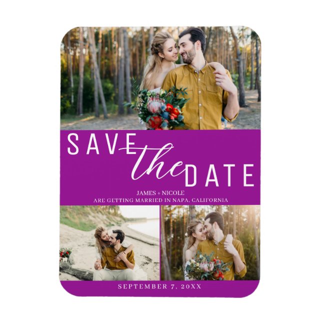 Fuchsia Pink Save the Date Wedding 3 Photos Magnet (Vertical)