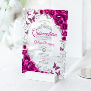 Fuchsia Pink Silver Floral Quinceanera Acrylic Invitations