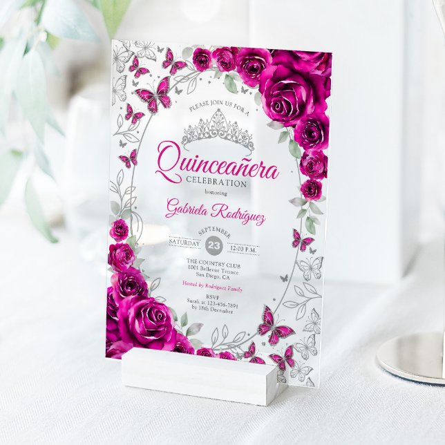 Fuchsia Pink Silver Floral Quinceanera Acrylic Invitations (Creator Uploaded)