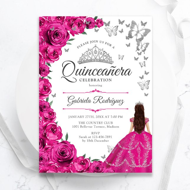 Fuchsia Pink Silver Floral Quinceanera Invitation (Creator Uploaded)