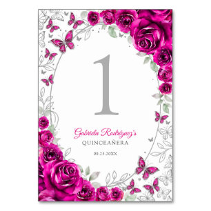 Fuchsia Pink Silver Floral Quinceanera Table Number