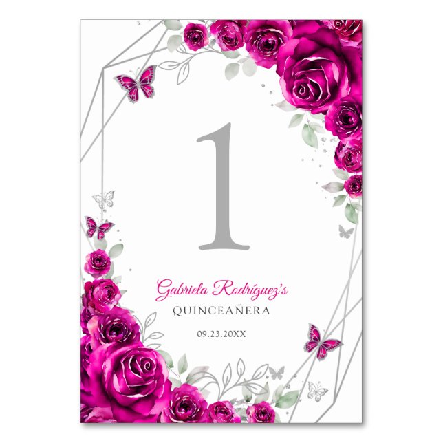 Fuchsia Pink Silver Floral Quinceanera Table Number (Front)