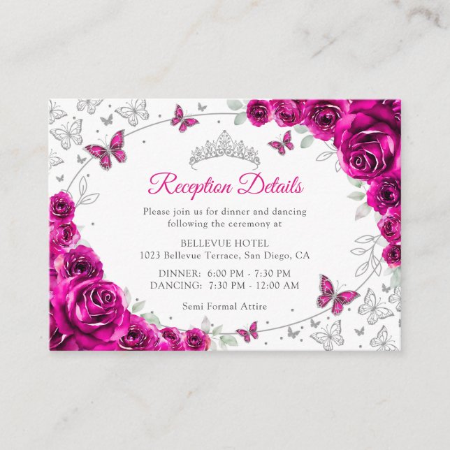 Fuchsia Pink Silver Quinceanera Reception Details Enclosure Card (Front)