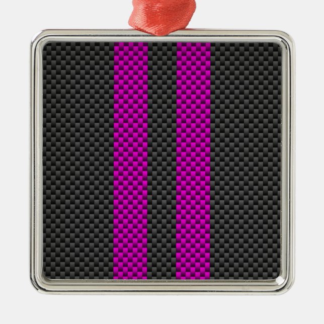 Fuchsia Pink Stripes in Carbon Fibre Style Metal Ornament (Front)