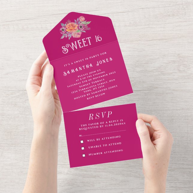 Fuchsia Pink Sweet 16 Floral Sixteen Girly Elegant All In One Invitation (Tearaway)