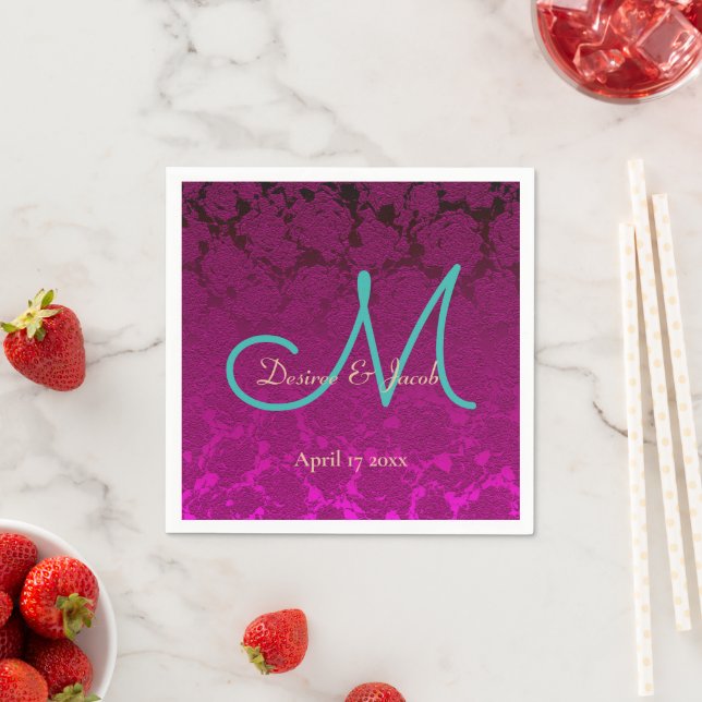 Fuchsia Pink Teal Elegant Wedding Monogram Napkin (Insitu)