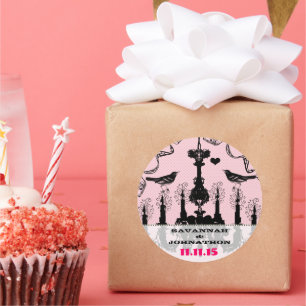 Fuchsia Pink Vintage Chandelier Bird Wedding Classic Round Sticker