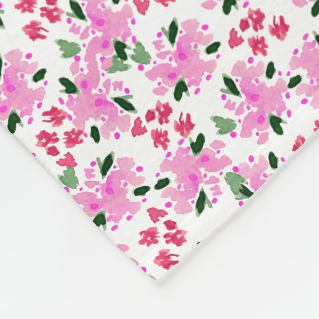 Fuchsia Pink Watercolor Floral Garden Fleece Blanket (Corner)