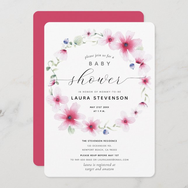 Fuchsia Pink Watercolor Floral Wreath Baby Shower Invitation (Front/Back)