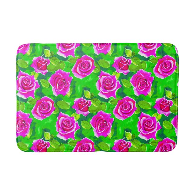 Fuchsia Pink Watercolor Rose Pattern Bath Mat (Front)