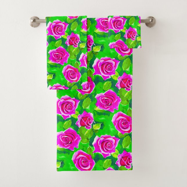 Fuchsia Pink Watercolor Rose Pattern Bath Towel Set (Insitu)