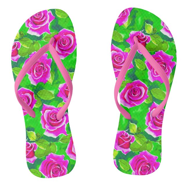 Fuchsia Pink Watercolor Rose Pattern Thongs (Footbed)