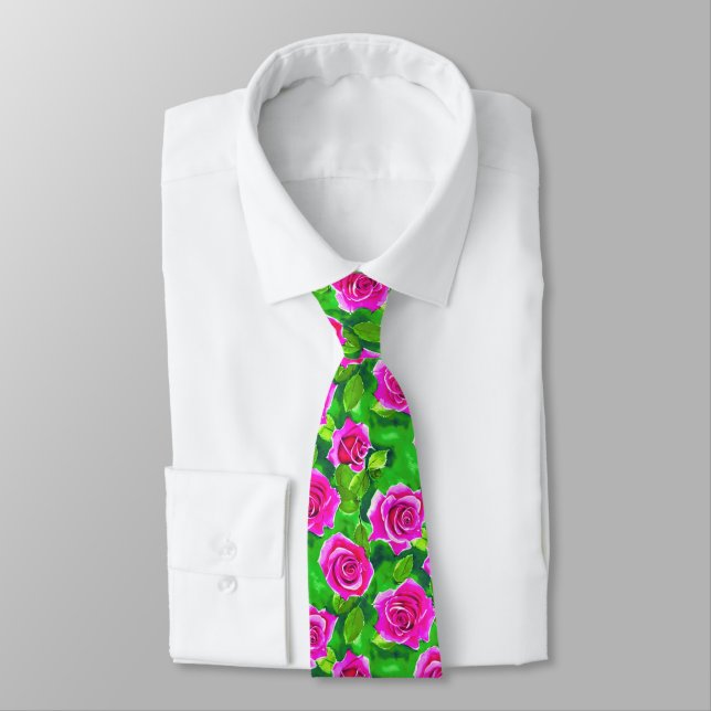 Fuchsia Pink Watercolor Rose Pattern Tie (Tied)