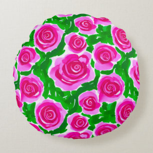 Fuchsia Pink Watercolor Roses Round Cushion