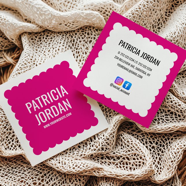 Fuchsia Pink Wave Simple Social Media Icons Square Business Card (Creator Uploaded)