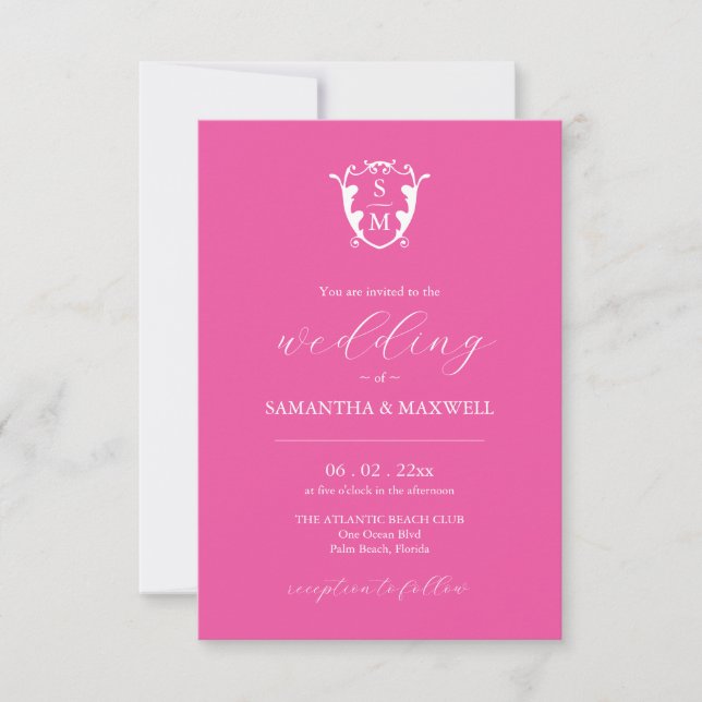 Fuchsia Pink Wedding Invitation with QR Code (Front)