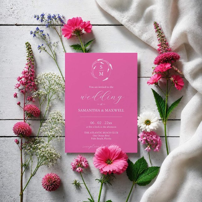 Fuchsia Pink Wedding Invitation with QR Code (Dark pink wedding invitations designed with hand drawn floral line art by Do Tell A Belle)