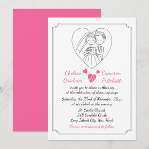 Fuchsia Pink & White Cartoon Bride & Groom Wedding Invitation