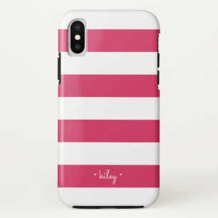 Fuchsia Pink & White Stripe Personalised iPhone XS Case