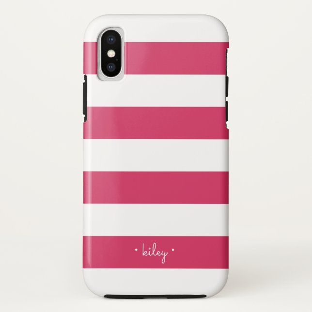 Fuchsia Pink & White Stripe Personalised Case-Mate iPhone Case (Back)