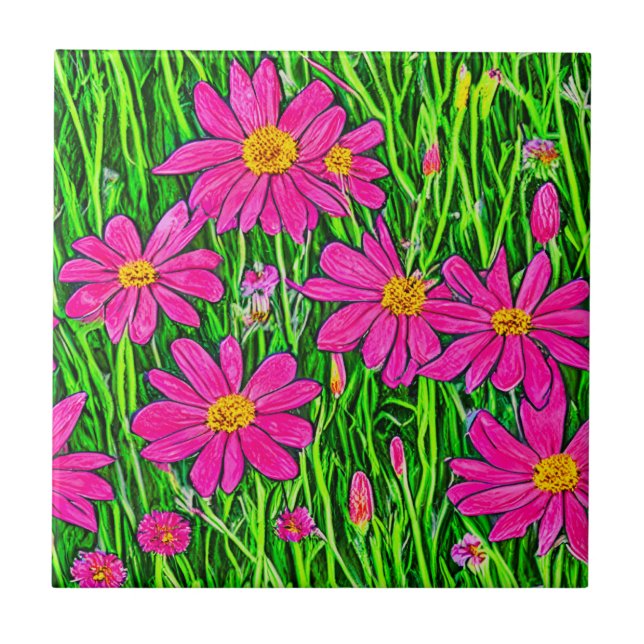 Fuchsia Pink Wildflowers in a Field Ceramic Tile (Front)