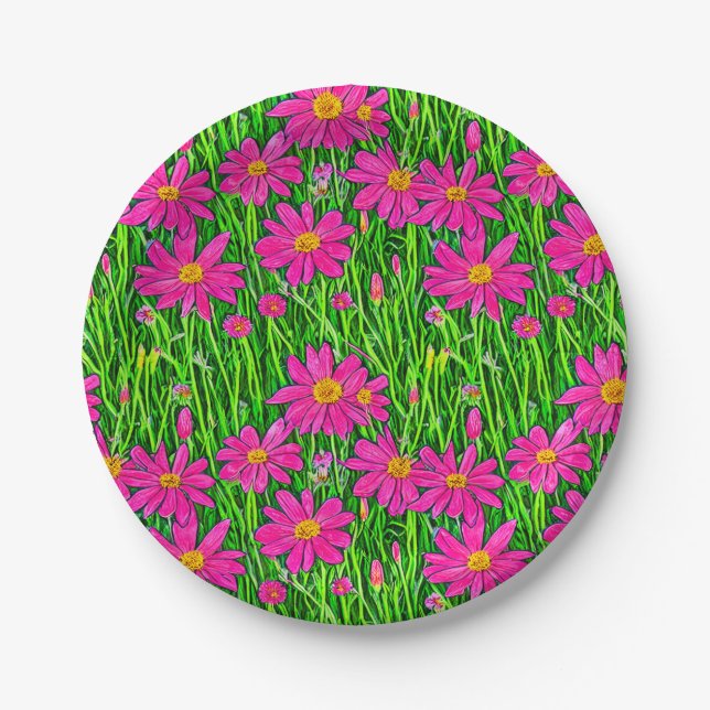 Fuchsia Pink Wildflowers in a Field    Paper Plate (Front)