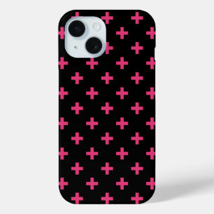 Fuchsia polka crosses on black iPhone 15 case