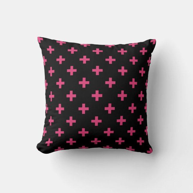 Fuchsia polka crosses on black cushion (Front)