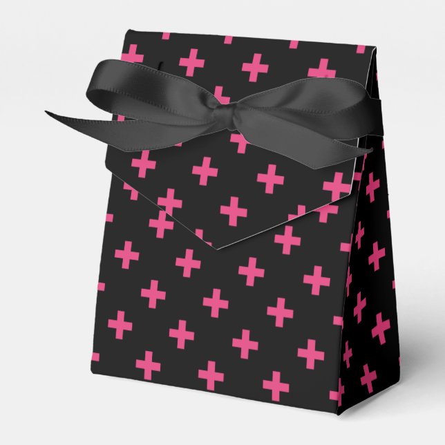Fuchsia polka crosses on black favour box (Front Side)