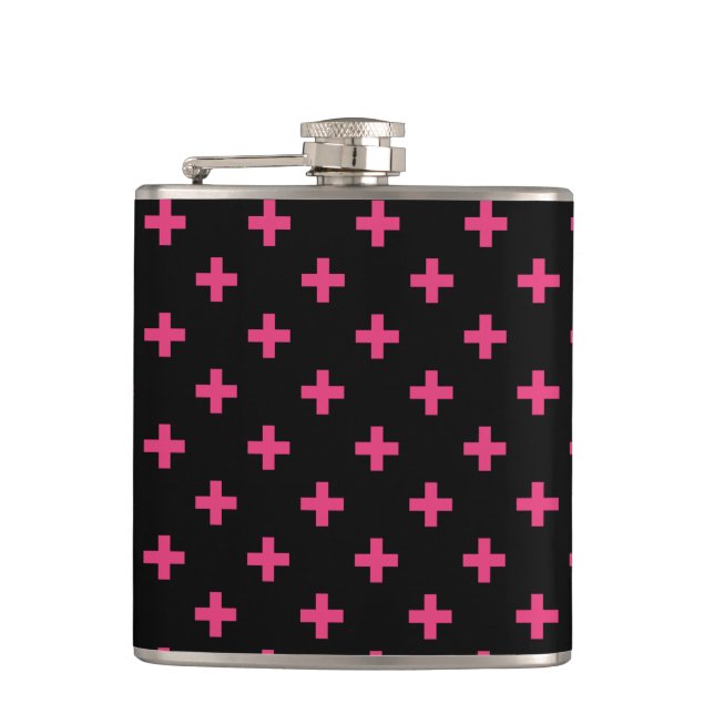 Fuchsia polka crosses on black hip flask (Front)