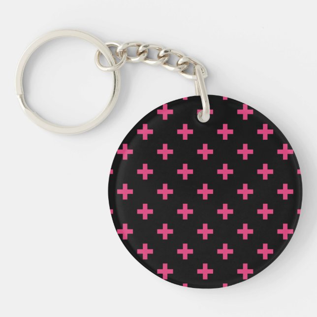 Fuchsia polka crosses on black key ring (Front)