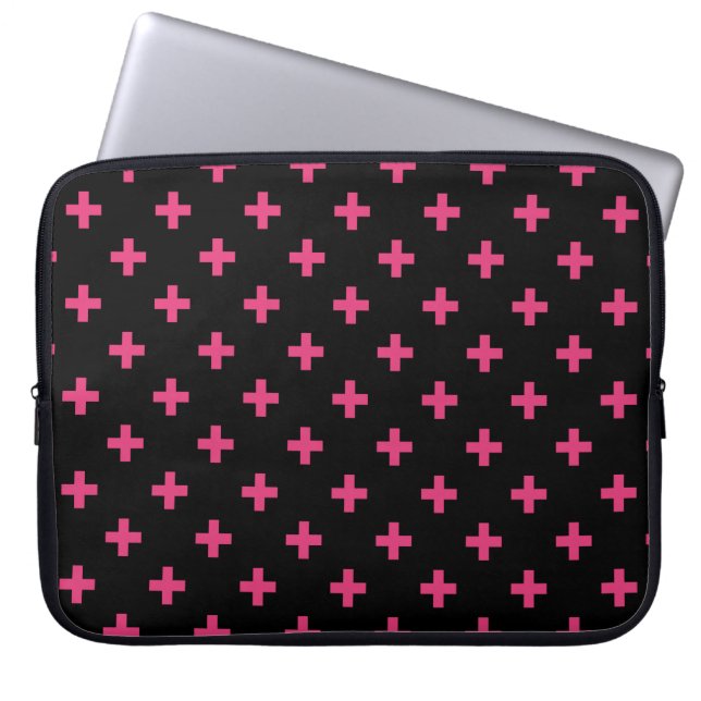 Fuchsia polka crosses on black laptop sleeve (Front)