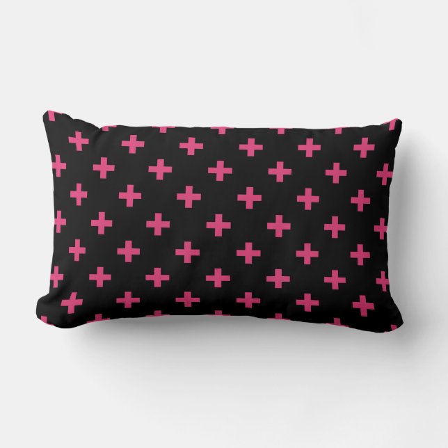 Fuchsia polka crosses on black lumbar cushion (Front)