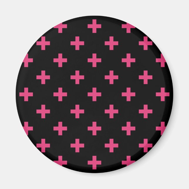Fuchsia polka crosses on black magnet (Front)