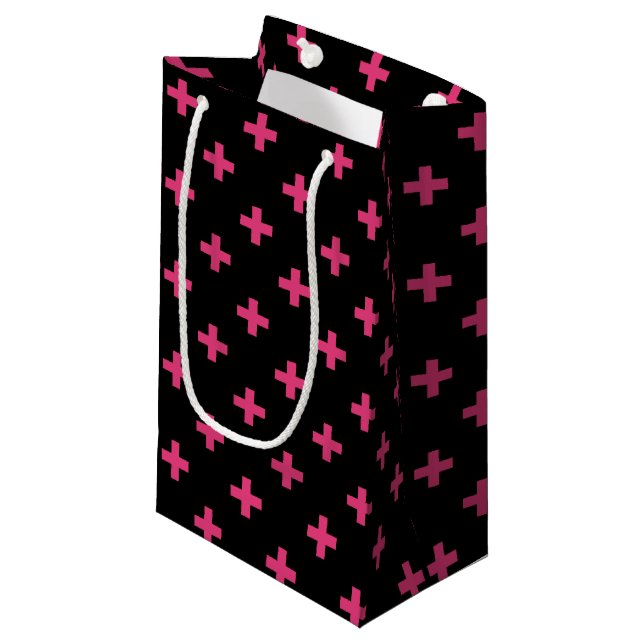 Fuchsia polka crosses on black small gift bag (Front Angled)