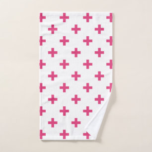 Fuchsia polka crosses on white hand towel