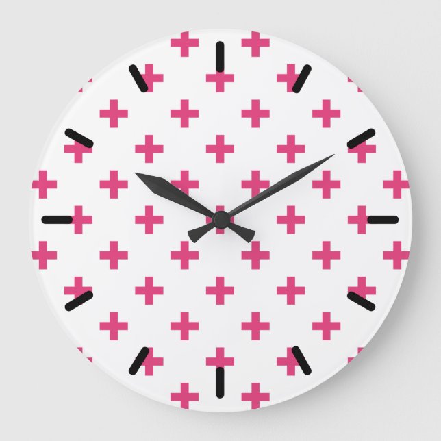 Fuchsia polka crosses on white large clock (Front)
