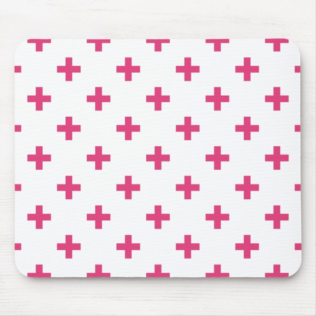 Fuchsia polka crosses on white mouse pad (Front)