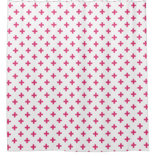 Fuchsia polka crosses on white shower curtain