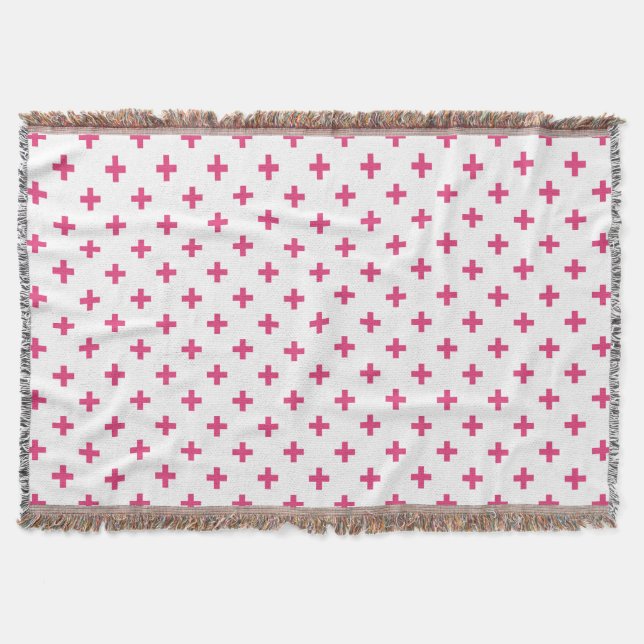 Fuchsia polka crosses on white throw blanket (Front)