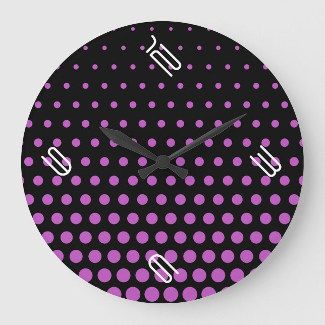 Fuchsia Polka Dot Modern Black Large Clock (Front)